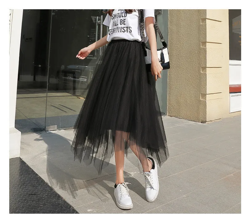 Niche Mesh Skirt High Waist Pleated Flare Fairy-Look Tutu Summer Women Skirt