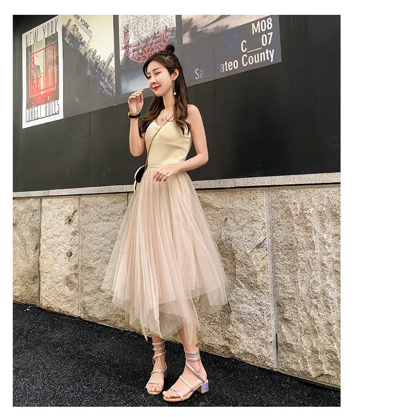 Niche Mesh Skirt High Waist Pleated Flare Fairy-Look Tutu Summer Women Skirt