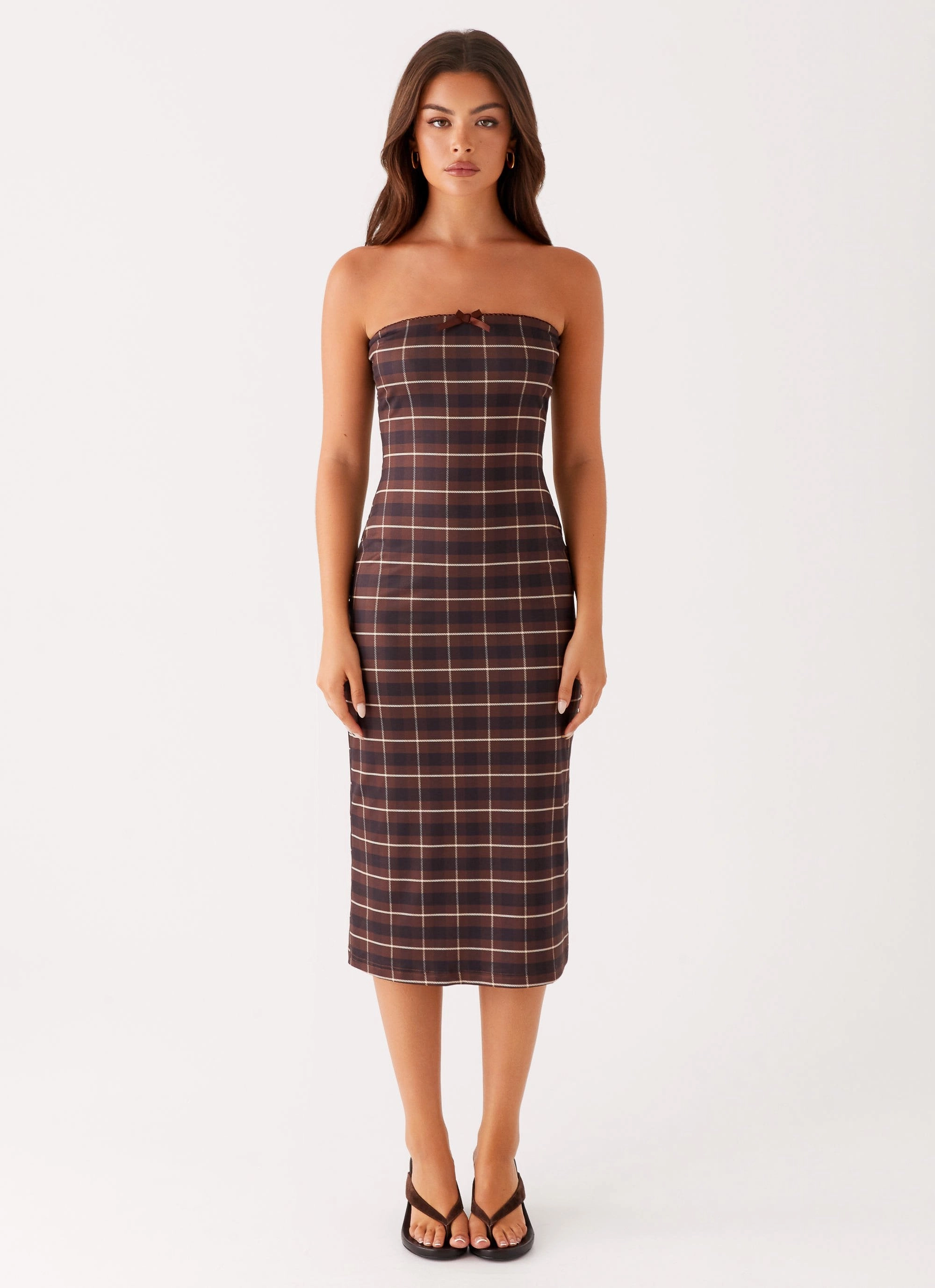 Niko Strapless Midi Dress - Brown Black Check