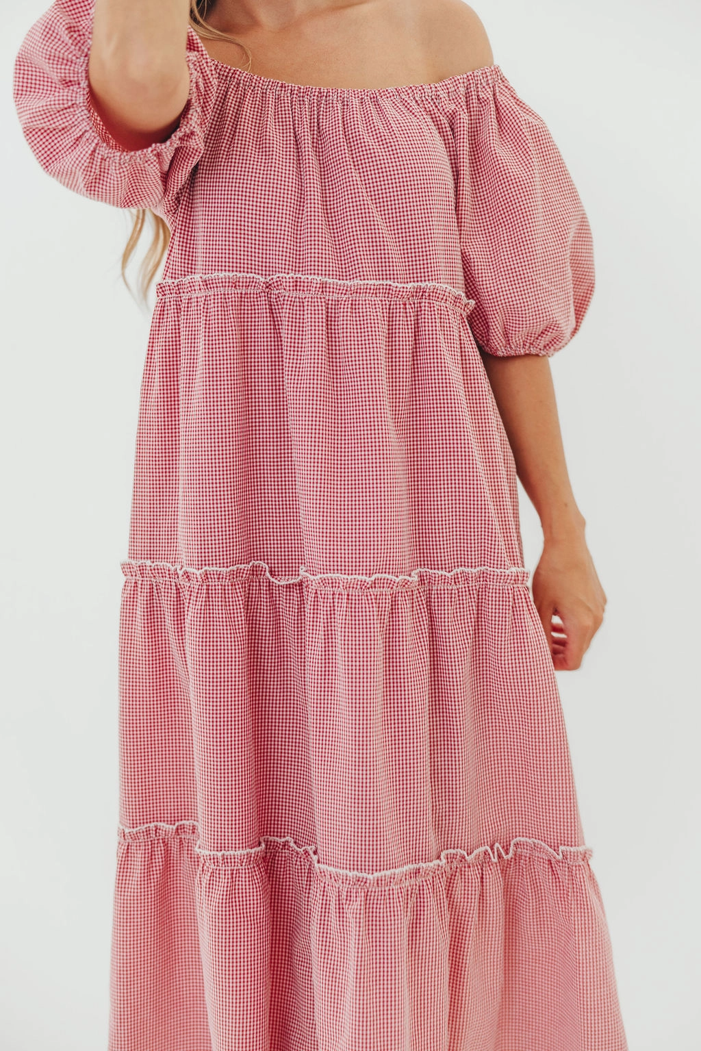 Nina 100% Cotton Gingham Tiered Midi Dress in Red/White