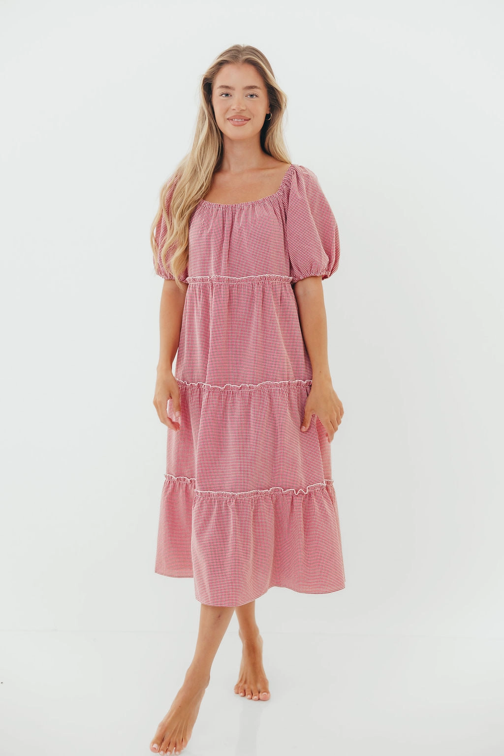 Nina 100% Cotton Gingham Tiered Midi Dress in Red/White