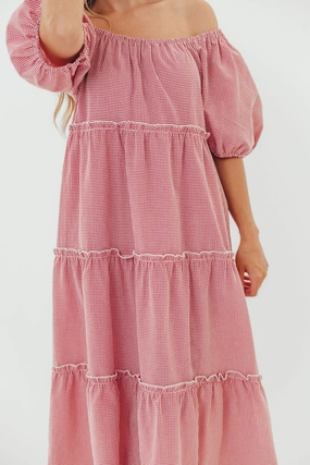 Nina 100% Cotton Gingham Tiered Midi Dress in Red/White Nina 100% Cotton Gingham Tiered Midi Dress in Red/White