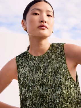 Nina Olive-Green Sequinned Bead-Embellished Shift Dress Nina Olive-Green Sequinned Bead-Embellished Shift Dress