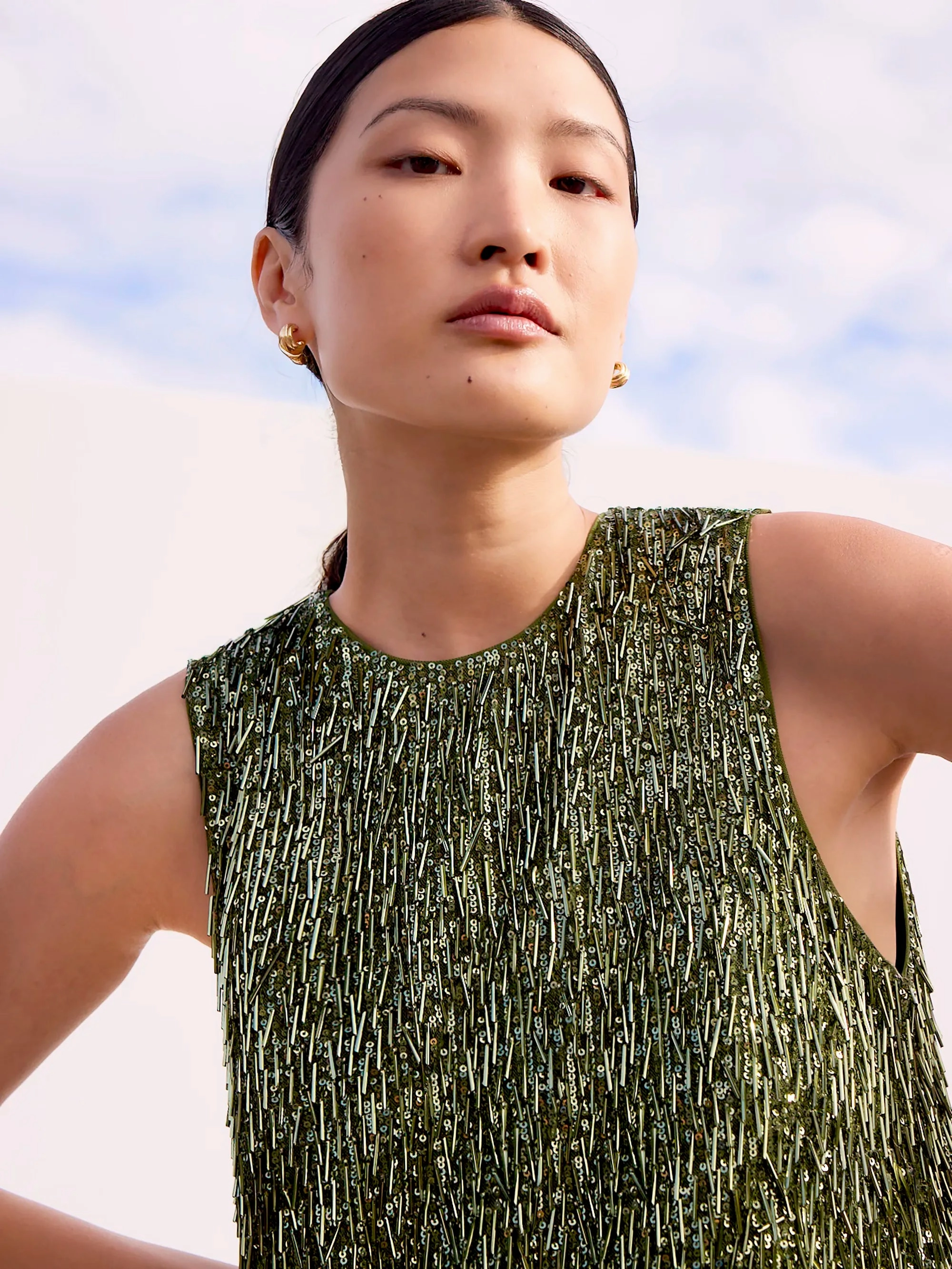 Nina Olive-Green Sequinned Bead-Embellished Shift Dress