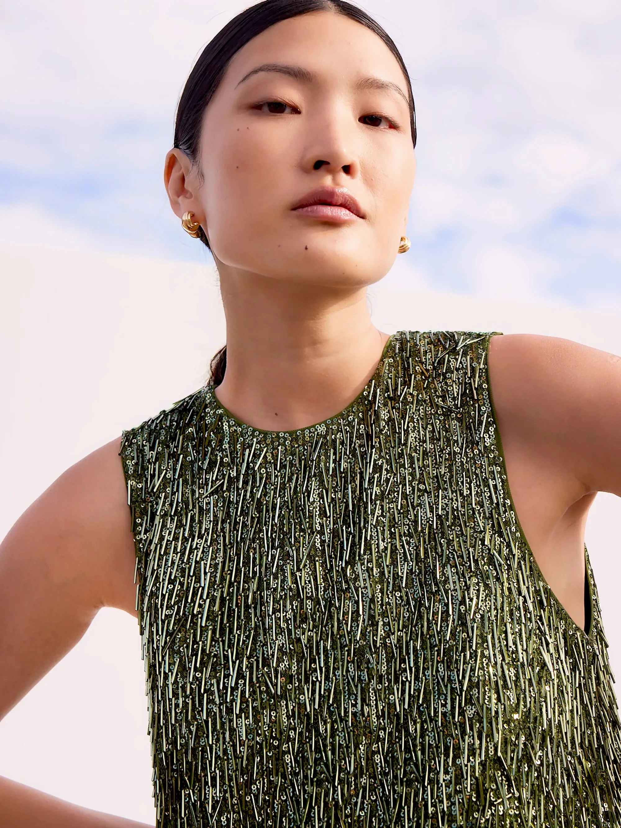 Nina Olive-Green Sequinned Bead-Embellished Shift Dress