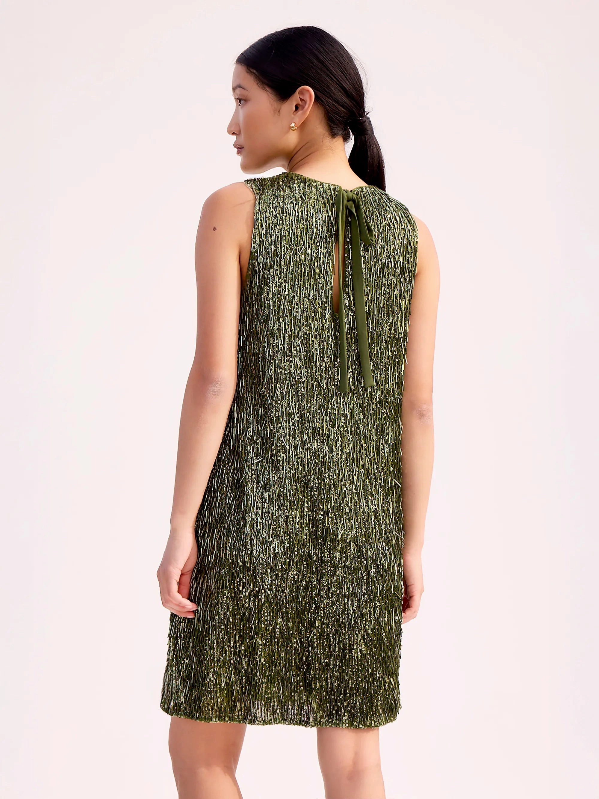 Nina Olive-Green Sequinned Bead-Embellished Shift Dress