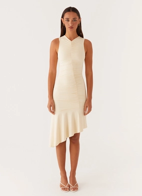 Niya Ruched Midi Dress - Pastel Yellow Niya Ruched Midi Dress - Pastel Yellow