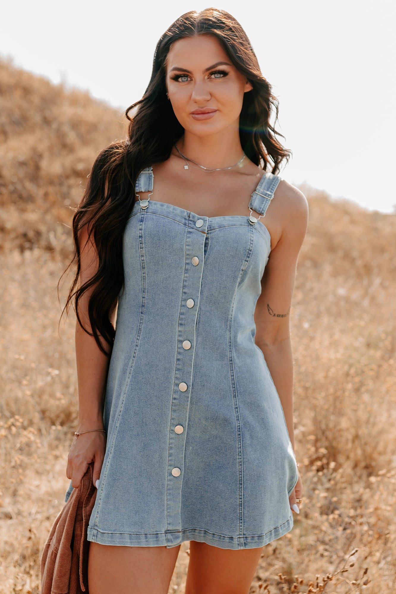 No Turning Back Denim Overalls Strap Mini Dress (Light Denim)