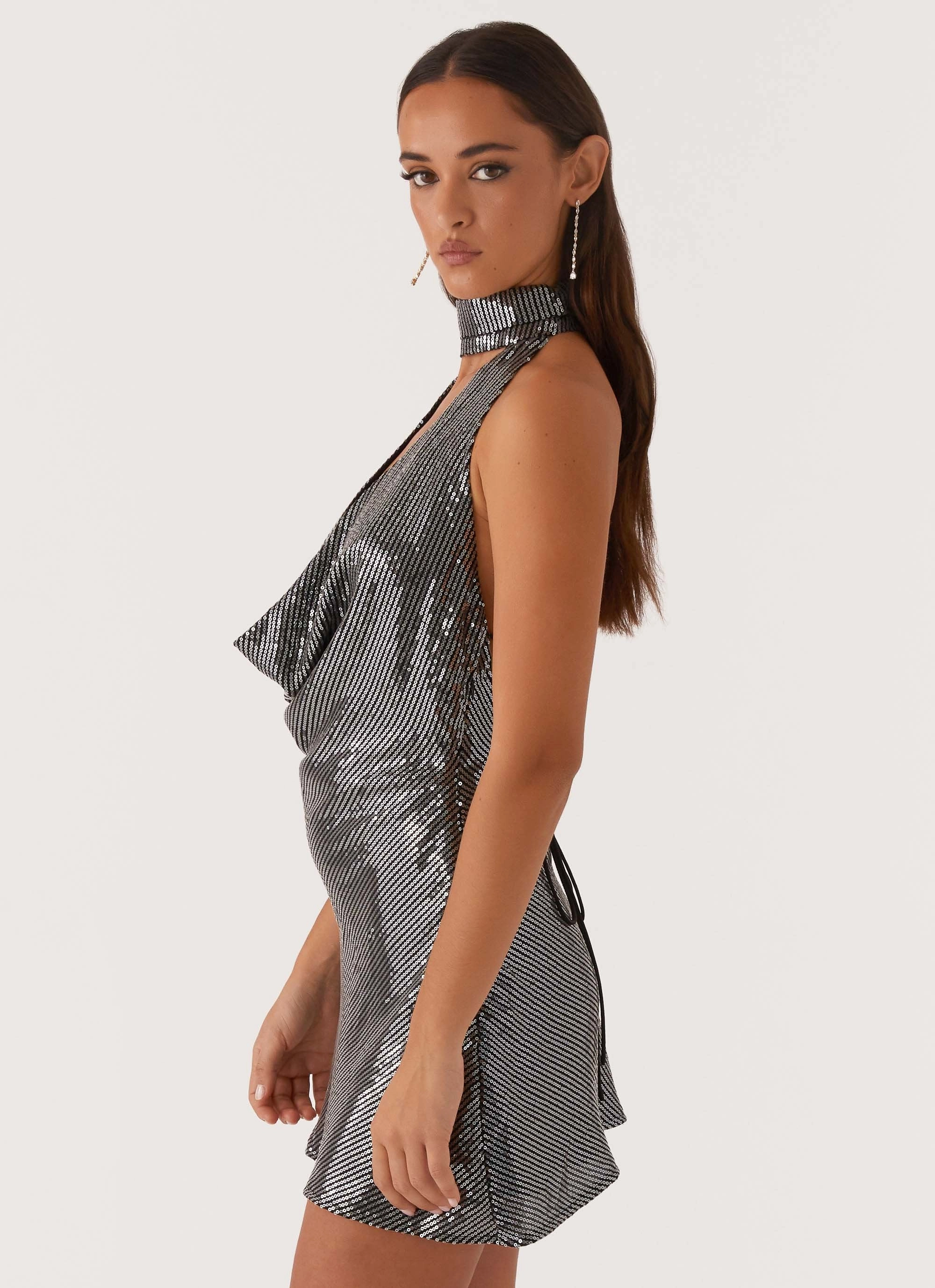 Nora Sequin Cowl Neck Mini Dress - Black