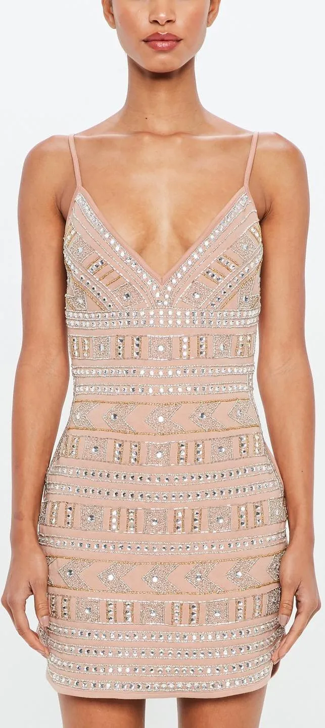 Nude Geometric Embellished  Mini Dress