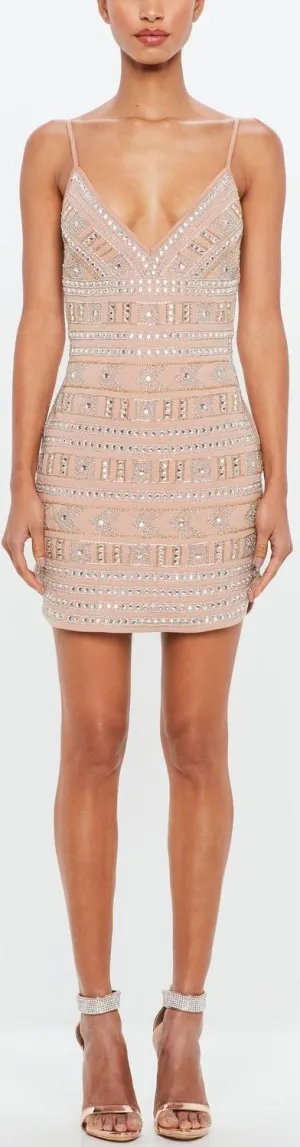 Nude Geometric Embellished  Mini Dress