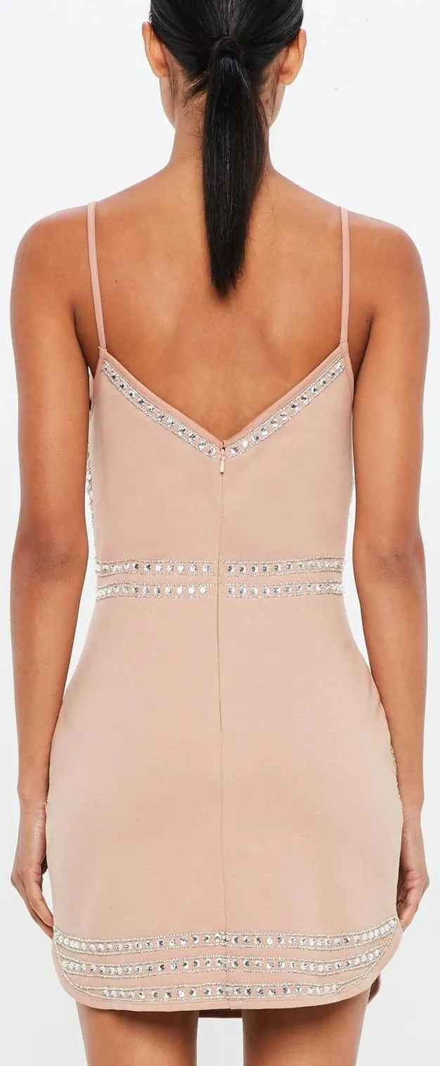 Nude Geometric Embellished  Mini Dress