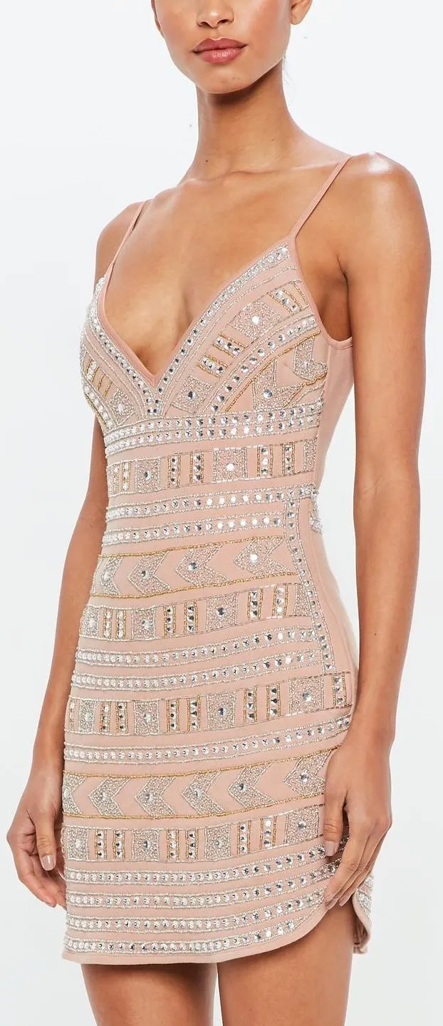 Nude Geometric Embellished  Mini Dress