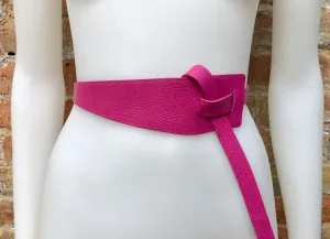 Obi belt in genuine leather.  HOT PINK Wrap belt. Waist belt in FUCHSIA. Pink  wraparound belt. Genuine leather magenta 80s style dress belt