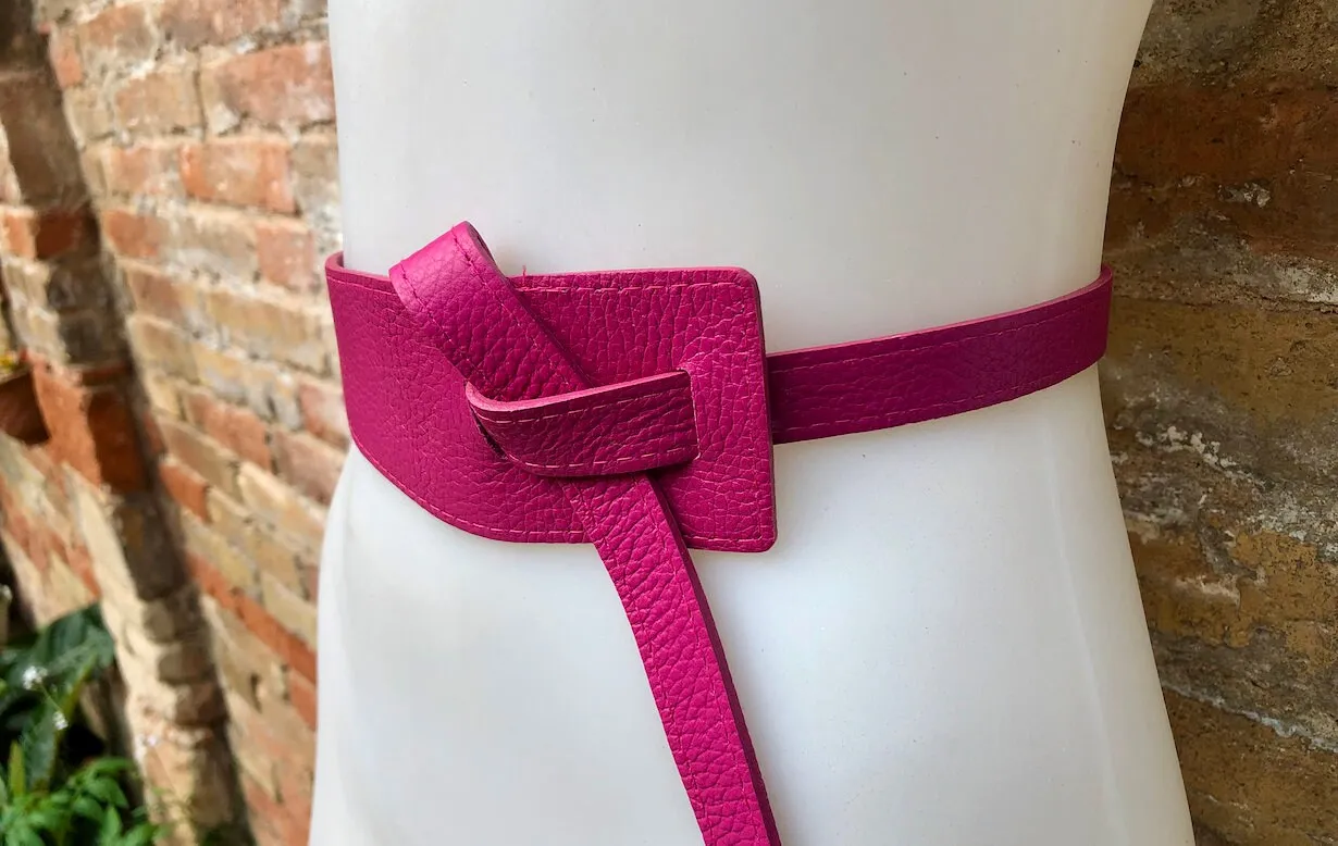Obi belt in genuine leather.  HOT PINK Wrap belt. Waist belt in FUCHSIA. Pink  wraparound belt. Genuine leather magenta 80s style dress belt