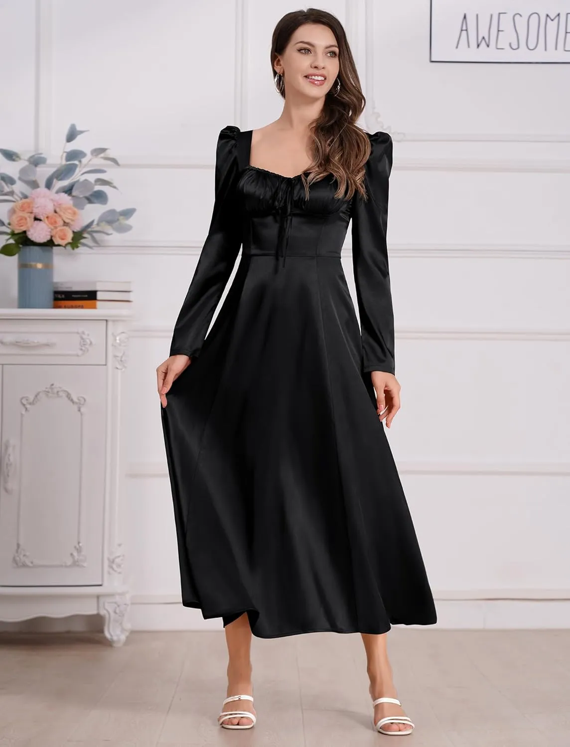 ODIZLI Women Satin Long Corset Dress Long Sleeve Midi Dresses for Wedding Guest Party Bridesmaid Dresses