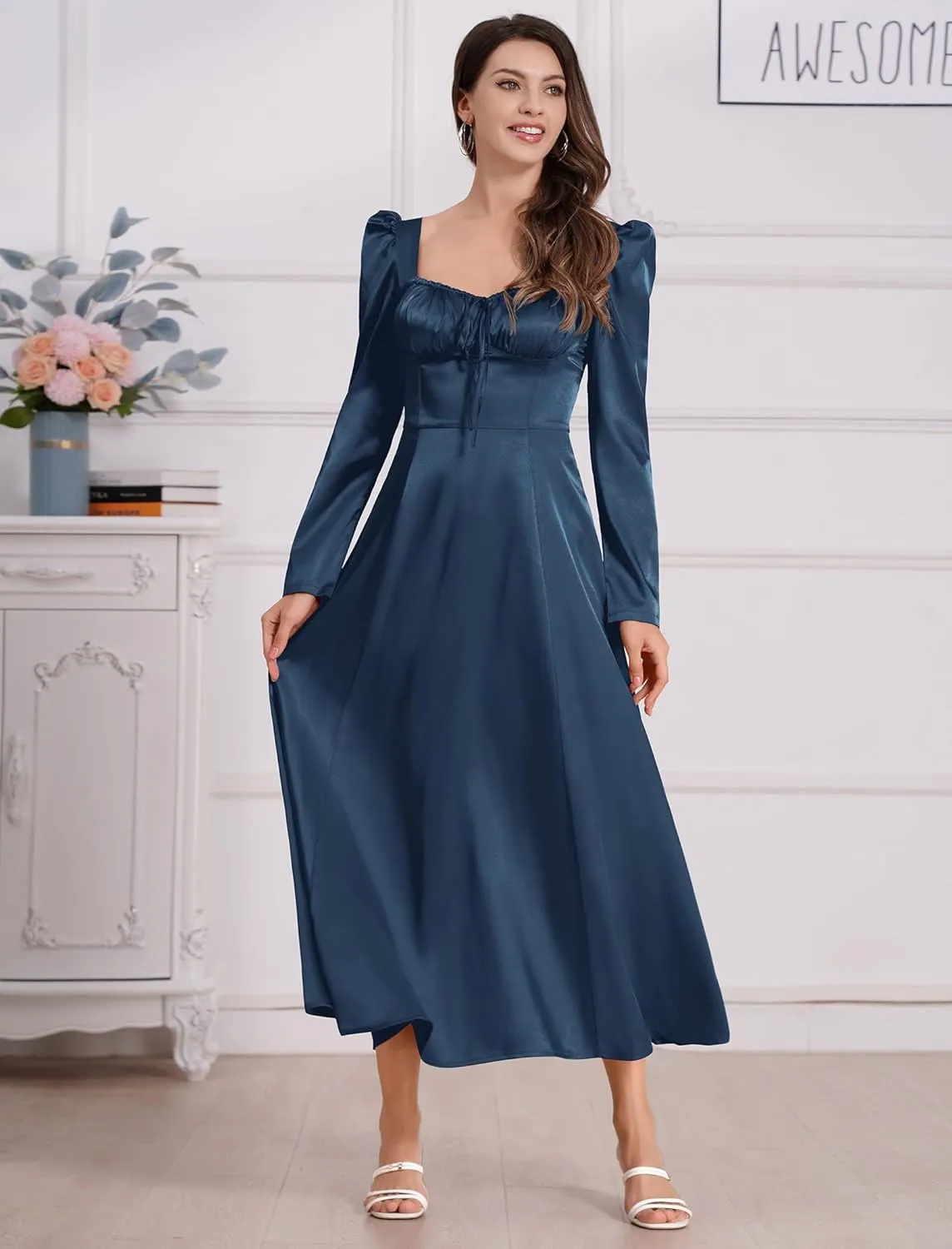 ODIZLI Women Satin Long Corset Dress Long Sleeve Midi Dresses for Wedding Guest Party Bridesmaid Dresses