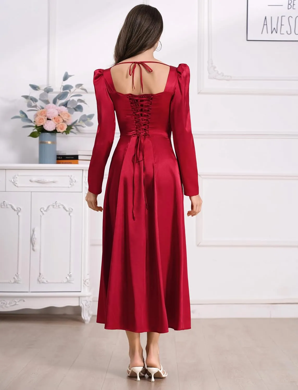 ODIZLI Women Satin Long Corset Dress Long Sleeve Midi Dresses for Wedding Guest Party Bridesmaid Dresses
