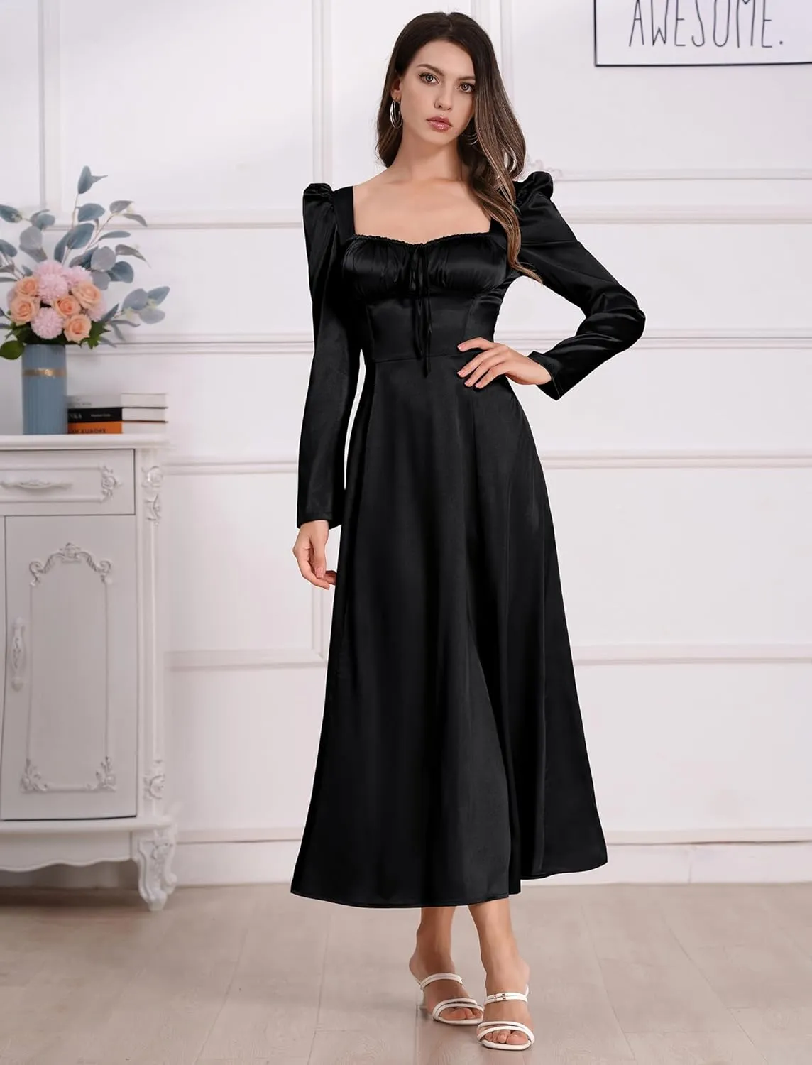 ODIZLI Women Satin Long Corset Dress Long Sleeve Midi Dresses for Wedding Guest Party Bridesmaid Dresses
