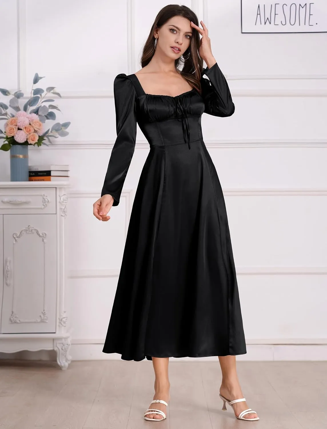 ODIZLI Women Satin Long Corset Dress Long Sleeve Midi Dresses for Wedding Guest Party Bridesmaid Dresses