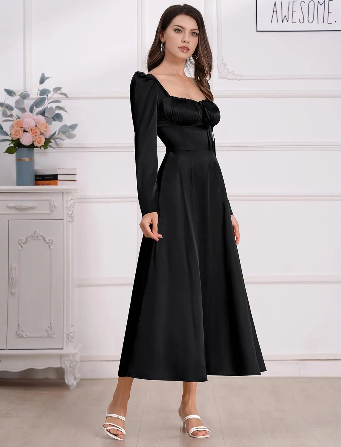 ODIZLI Women Satin Long Corset Dress Long Sleeve Midi Dresses for Wedding Guest Party Bridesmaid Dresses