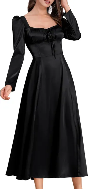 ODIZLI Women Satin Long Corset Dress Long Sleeve Midi Dresses for Wedding Guest Party Bridesmaid Dresses