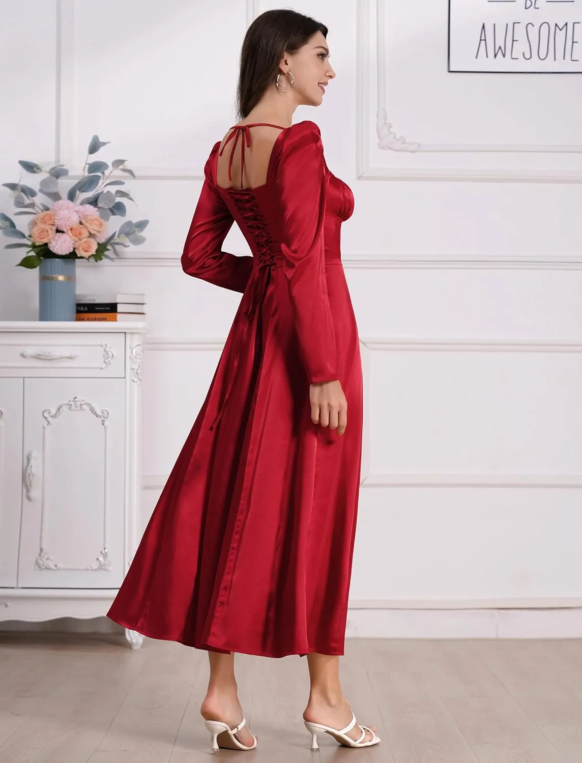 ODIZLI Women Satin Long Corset Dress Long Sleeve Midi Dresses for Wedding Guest Party Bridesmaid Dresses