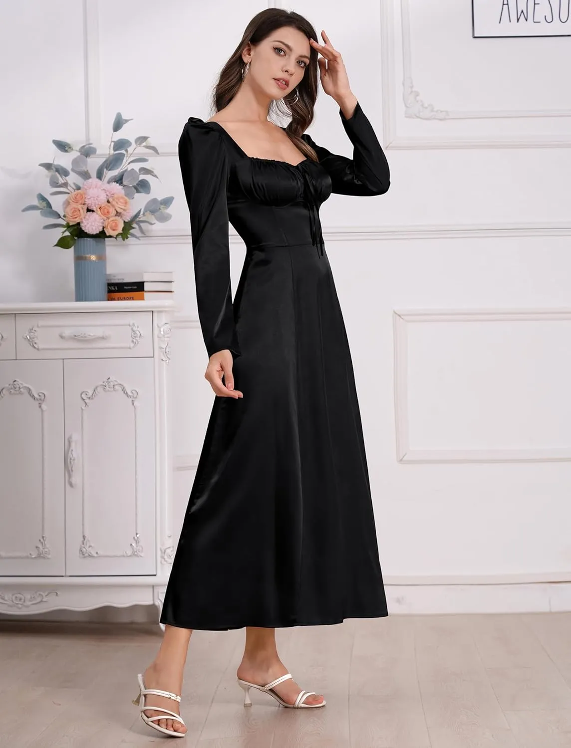 ODIZLI Women Satin Long Corset Dress Long Sleeve Midi Dresses for Wedding Guest Party Bridesmaid Dresses