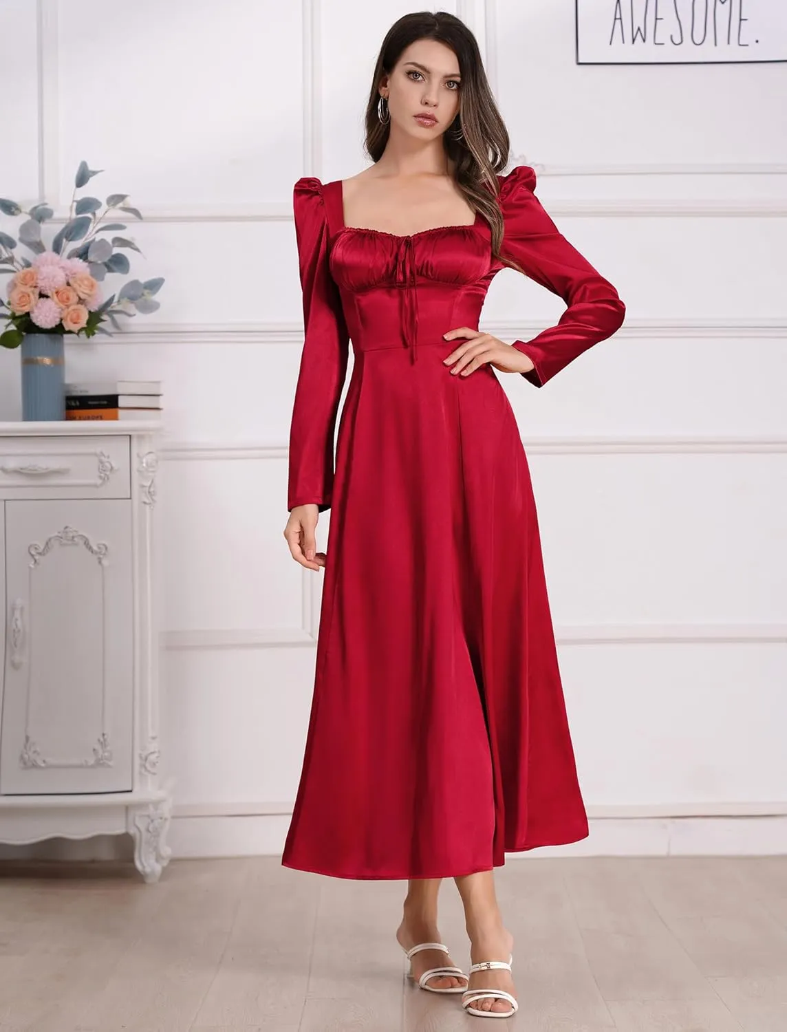 ODIZLI Women Satin Long Corset Dress Long Sleeve Midi Dresses for Wedding Guest Party Bridesmaid Dresses