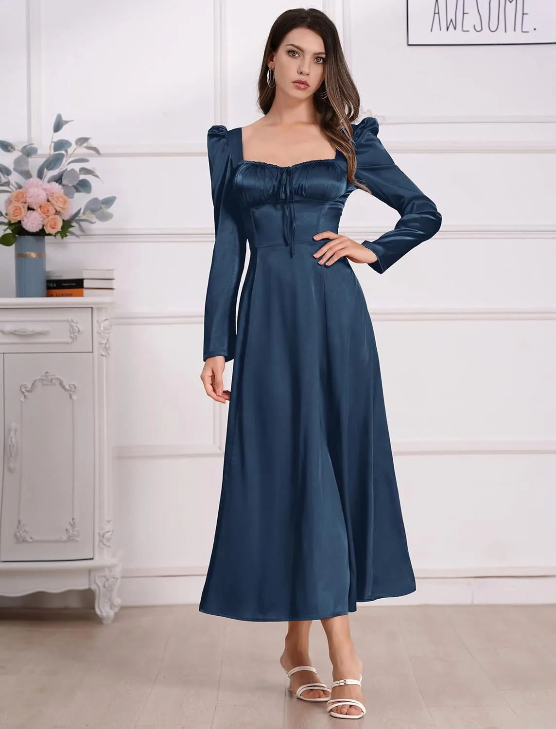 ODIZLI Women Satin Long Corset Dress Long Sleeve Midi Dresses for Wedding Guest Party Bridesmaid Dresses