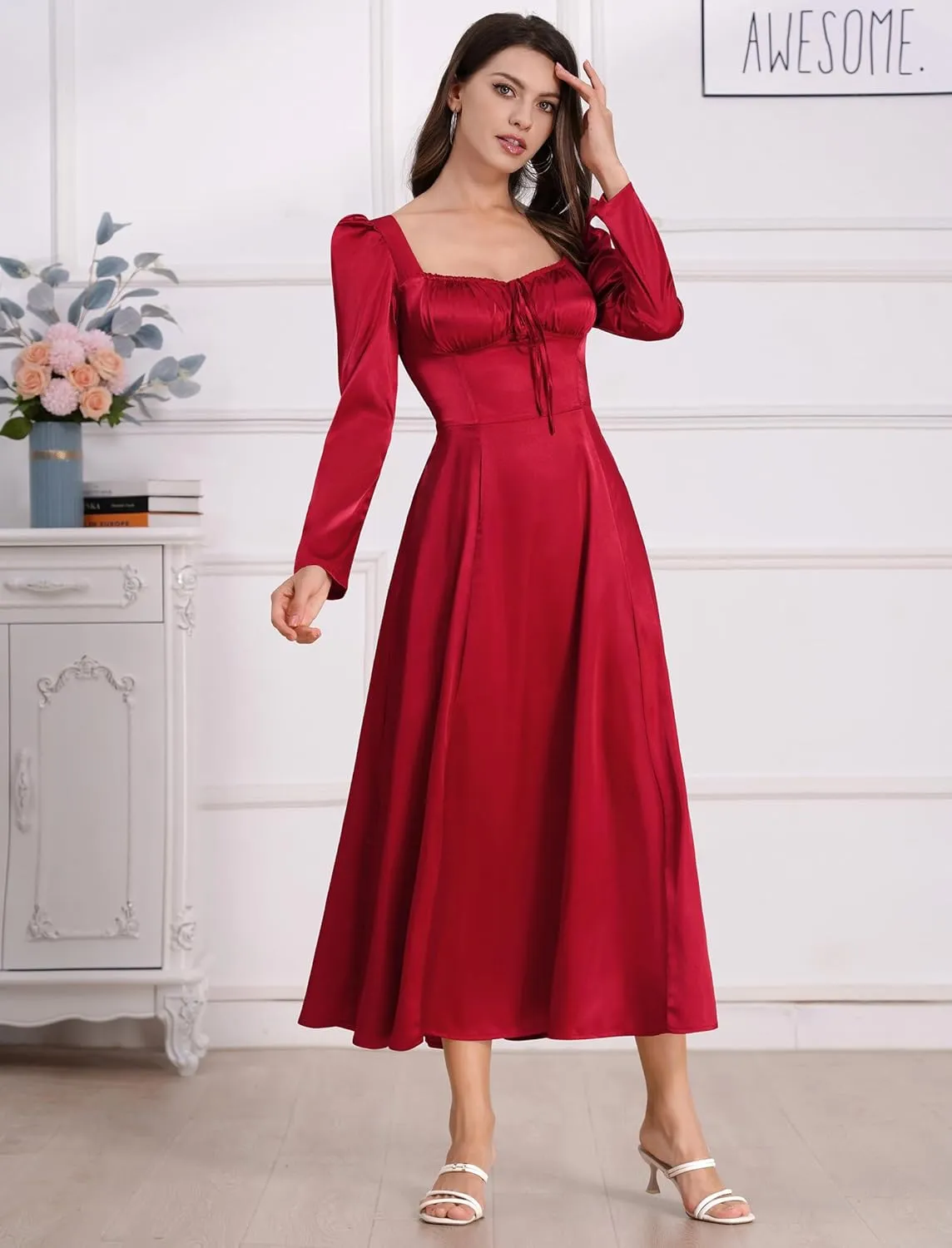 ODIZLI Women Satin Long Corset Dress Long Sleeve Midi Dresses for Wedding Guest Party Bridesmaid Dresses