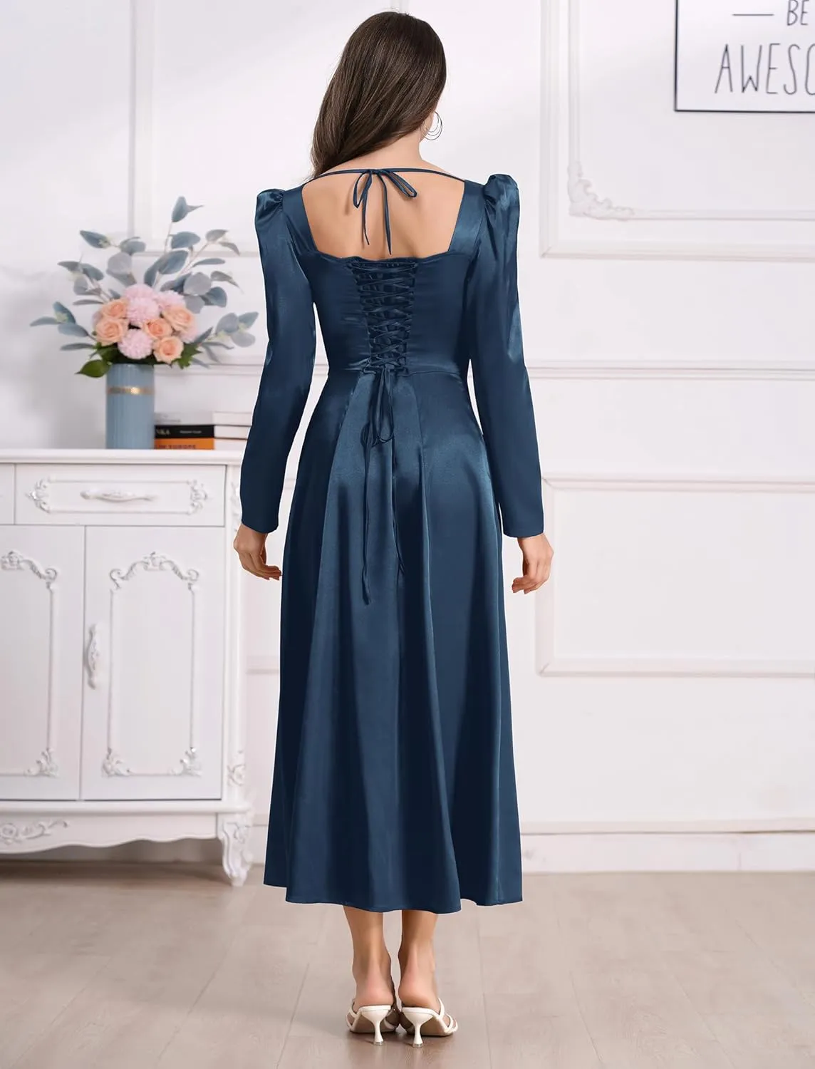 ODIZLI Women Satin Long Corset Dress Long Sleeve Midi Dresses for Wedding Guest Party Bridesmaid Dresses