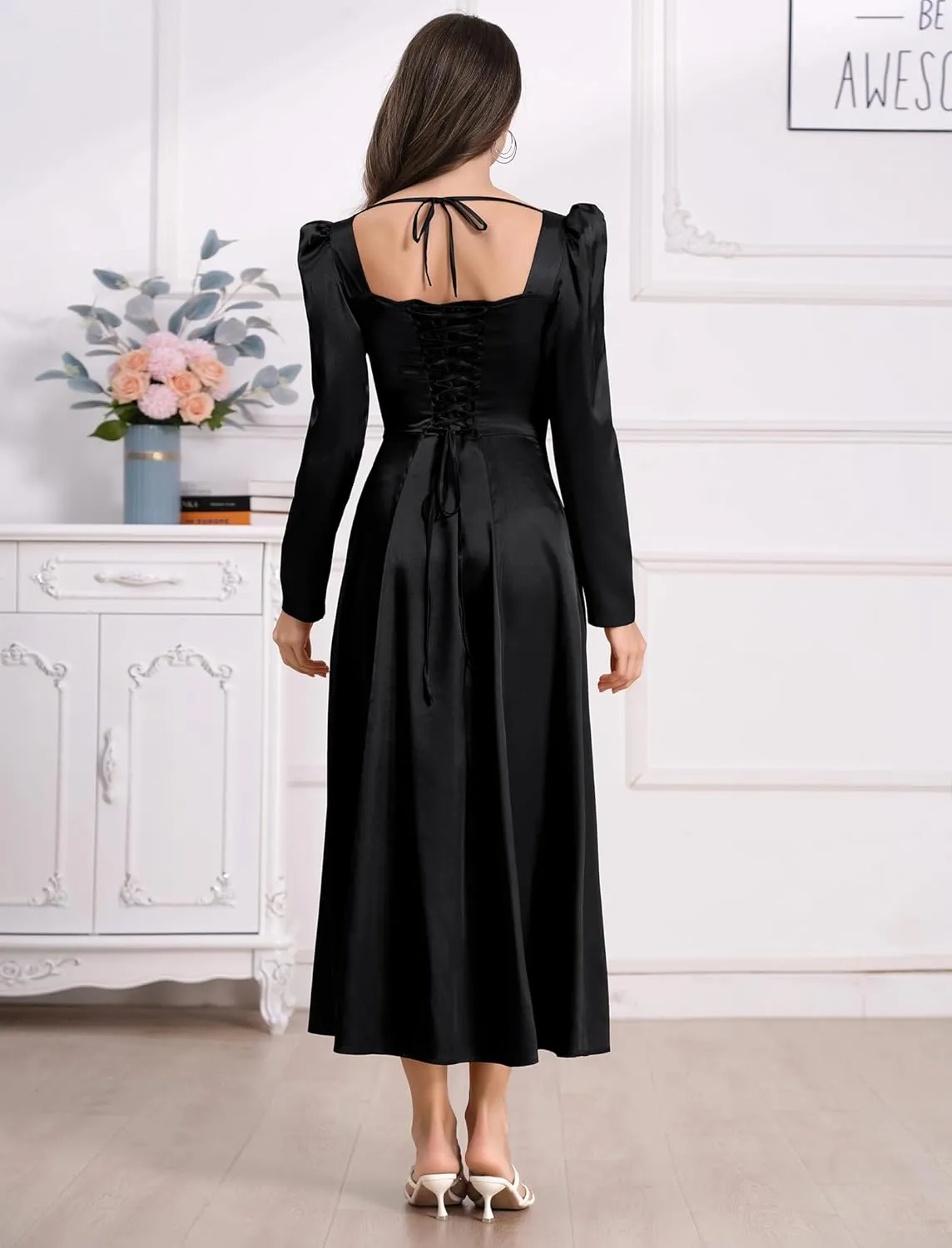 ODIZLI Women Satin Long Corset Dress Long Sleeve Midi Dresses for Wedding Guest Party Bridesmaid Dresses