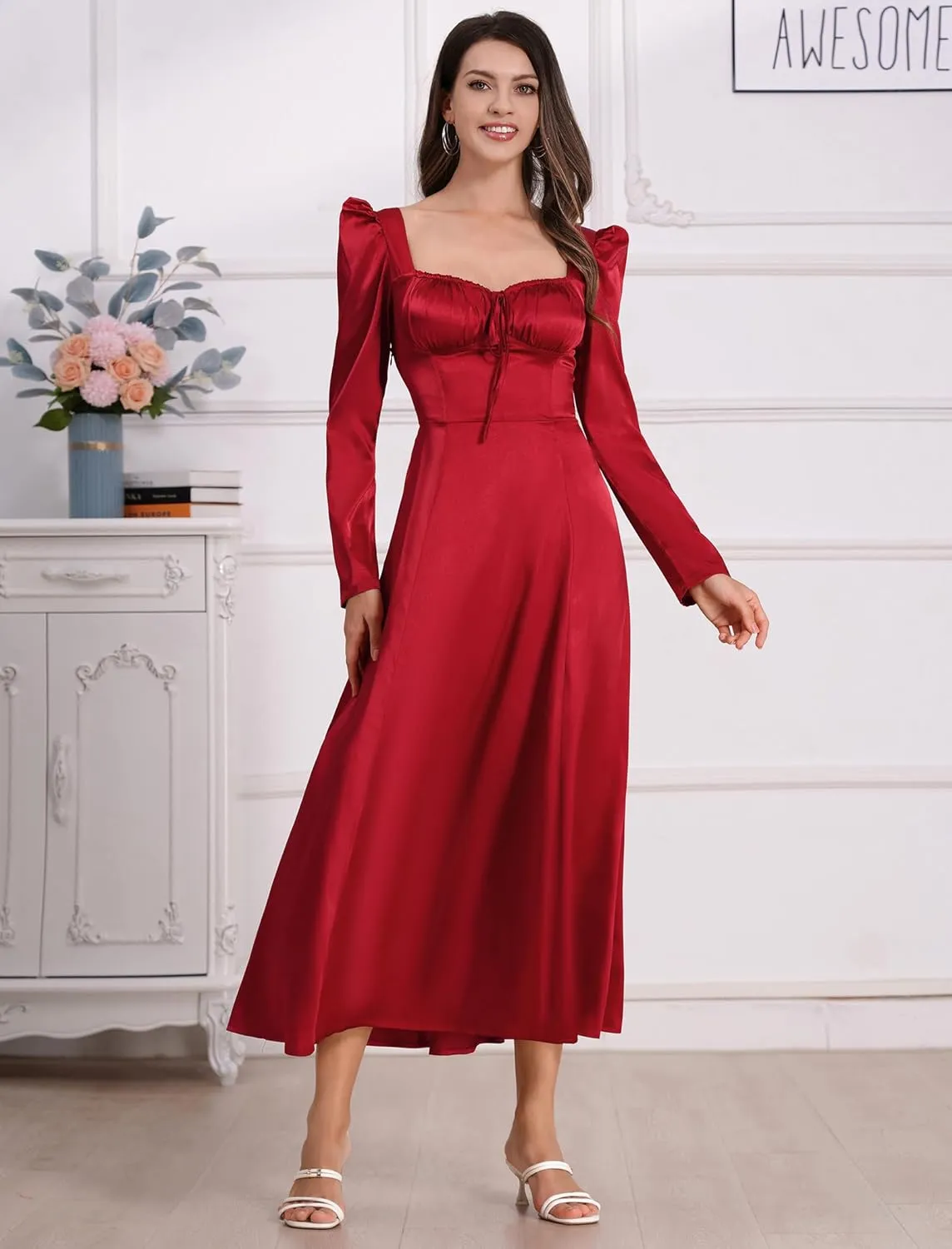 ODIZLI Women Satin Long Corset Dress Long Sleeve Midi Dresses for Wedding Guest Party Bridesmaid Dresses