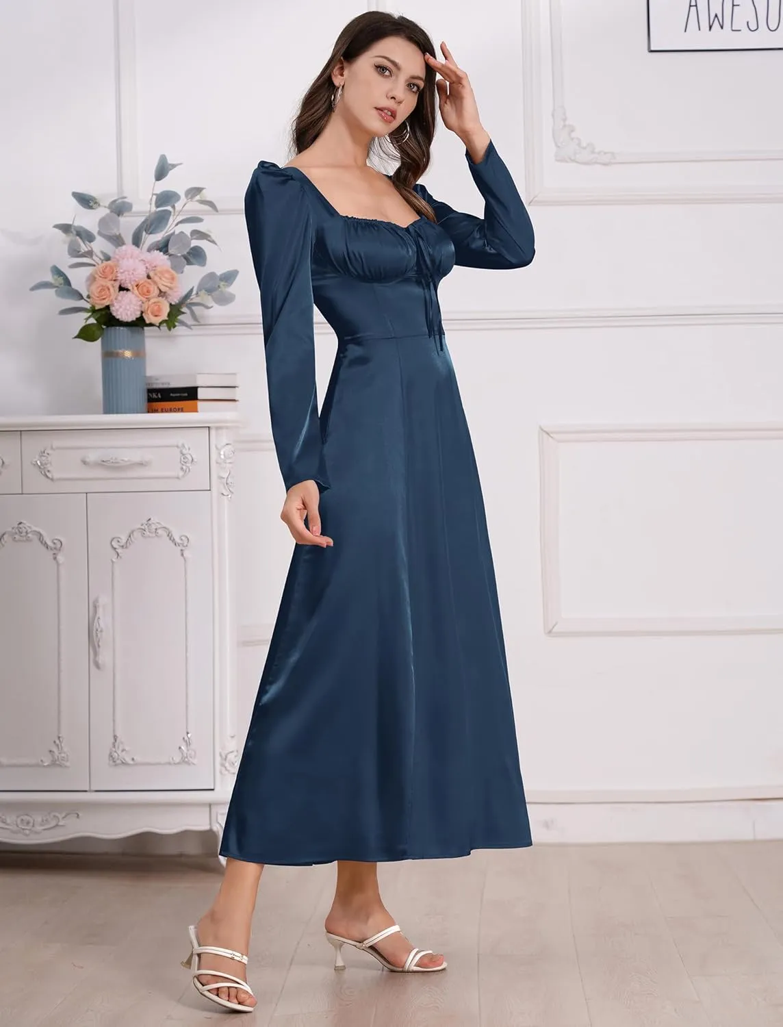 ODIZLI Women Satin Long Corset Dress Long Sleeve Midi Dresses for Wedding Guest Party Bridesmaid Dresses