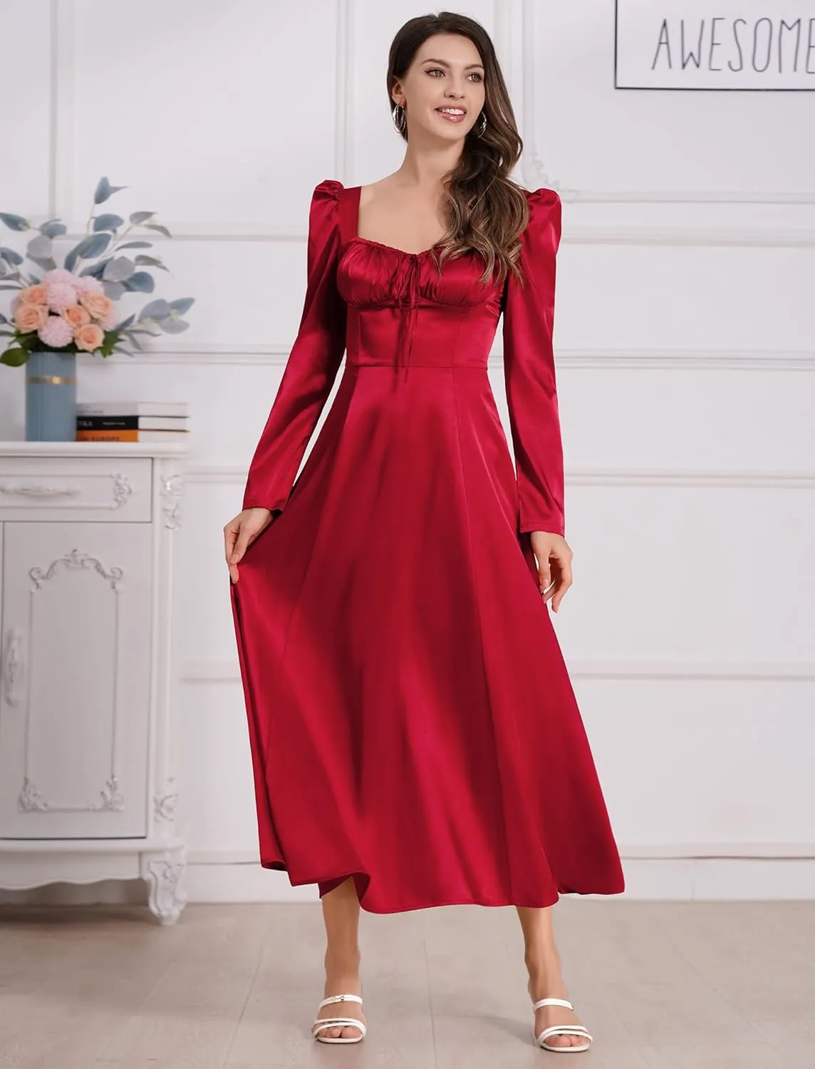 ODIZLI Women Satin Long Corset Dress Long Sleeve Midi Dresses for Wedding Guest Party Bridesmaid Dresses