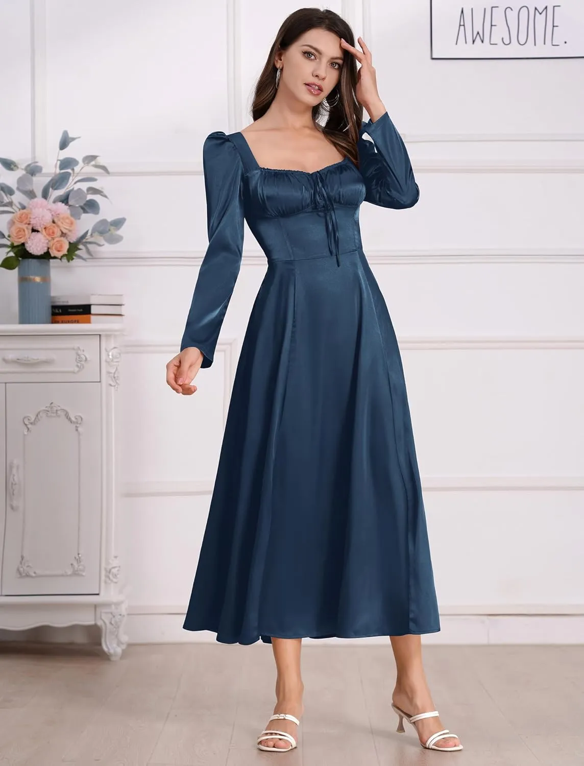 ODIZLI Women Satin Long Corset Dress Long Sleeve Midi Dresses for Wedding Guest Party Bridesmaid Dresses