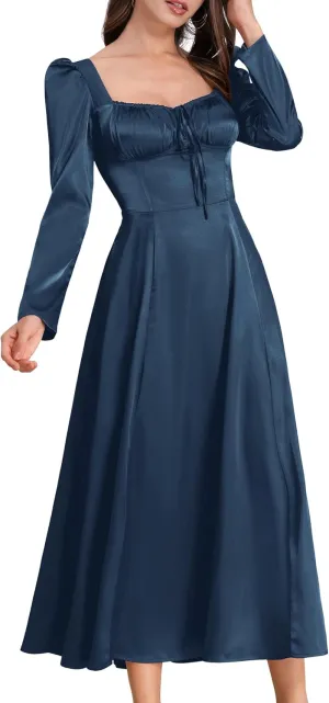 ODIZLI Women Satin Long Corset Dress Long Sleeve Midi Dresses for Wedding Guest Party Bridesmaid Dresses