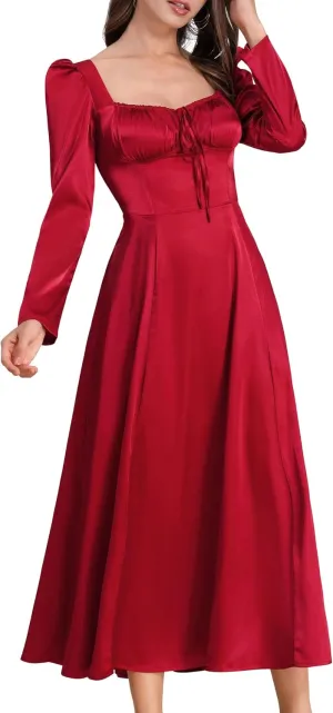 ODIZLI Women Satin Long Corset Dress Long Sleeve Midi Dresses for Wedding Guest Party Bridesmaid Dresses