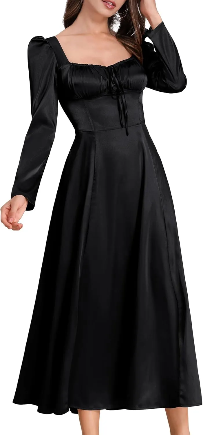 ODIZLI Women Satin Long Corset Dress Long Sleeve Midi Dresses for Wedding Guest Party Bridesmaid Dresses