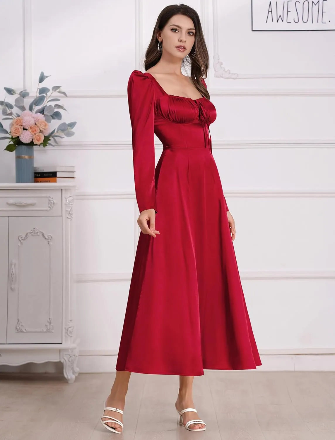 ODIZLI Women Satin Long Corset Dress Long Sleeve Midi Dresses for Wedding Guest Party Bridesmaid Dresses