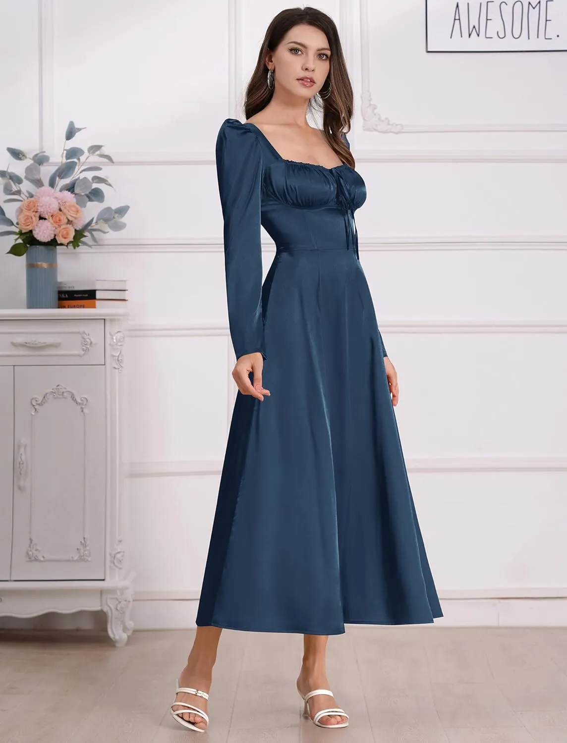 ODIZLI Women Satin Long Corset Dress Long Sleeve Midi Dresses for Wedding Guest Party Bridesmaid Dresses