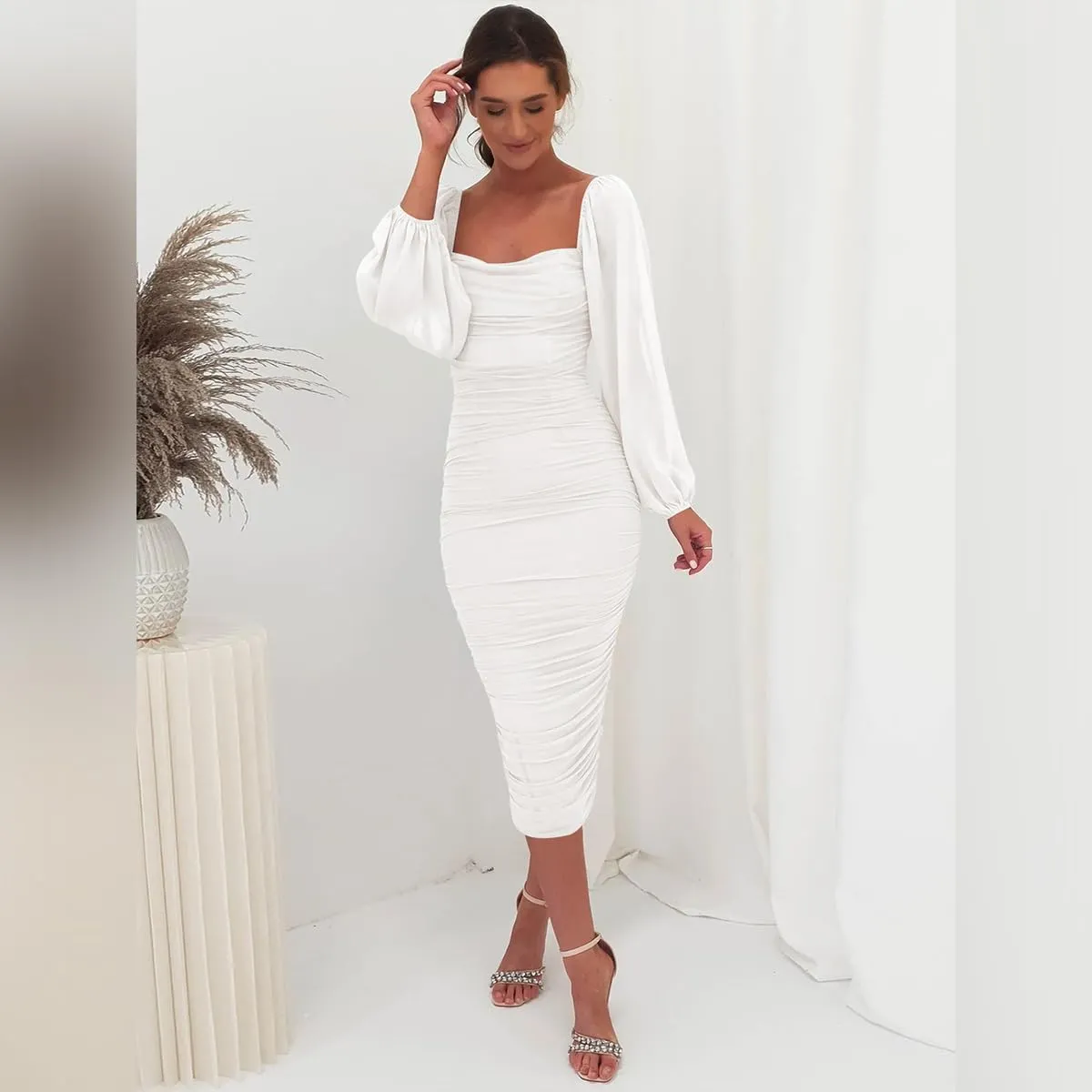 ODIZLI Women's Ruched Bodycon Dress Long Puff Sleeve Square Neck Mesh Cocktail Party Midi Dresses