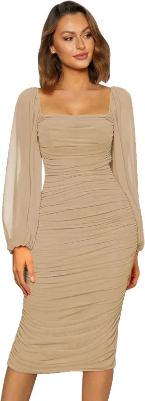 ODIZLI Women's Ruched Bodycon Dress Long Puff Sleeve Square Neck Mesh Cocktail Party Midi Dresses