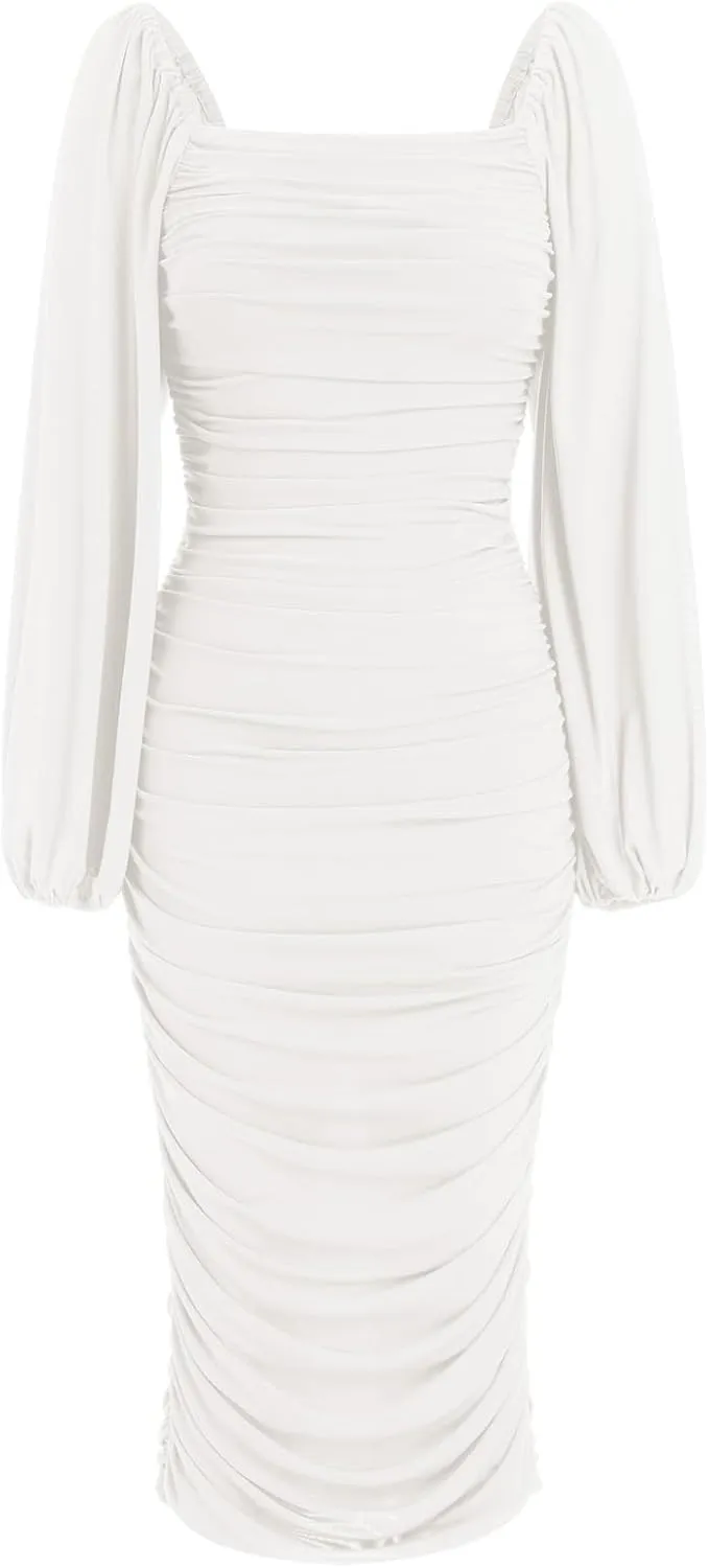 ODIZLI Women's Ruched Bodycon Dress Long Puff Sleeve Square Neck Mesh Cocktail Party Midi Dresses