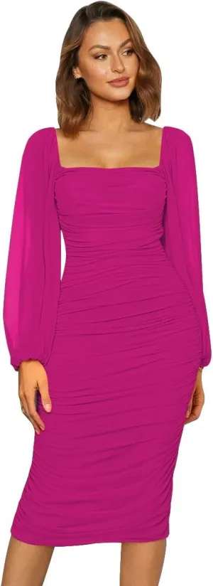 ODIZLI Women's Ruched Bodycon Dress Long Puff Sleeve Square Neck Mesh Cocktail Party Midi Dresses