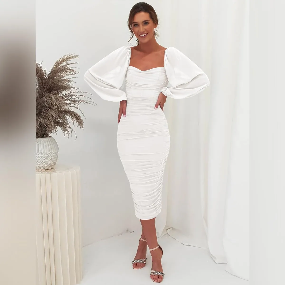 ODIZLI Women's Ruched Bodycon Dress Long Puff Sleeve Square Neck Mesh Cocktail Party Midi Dresses