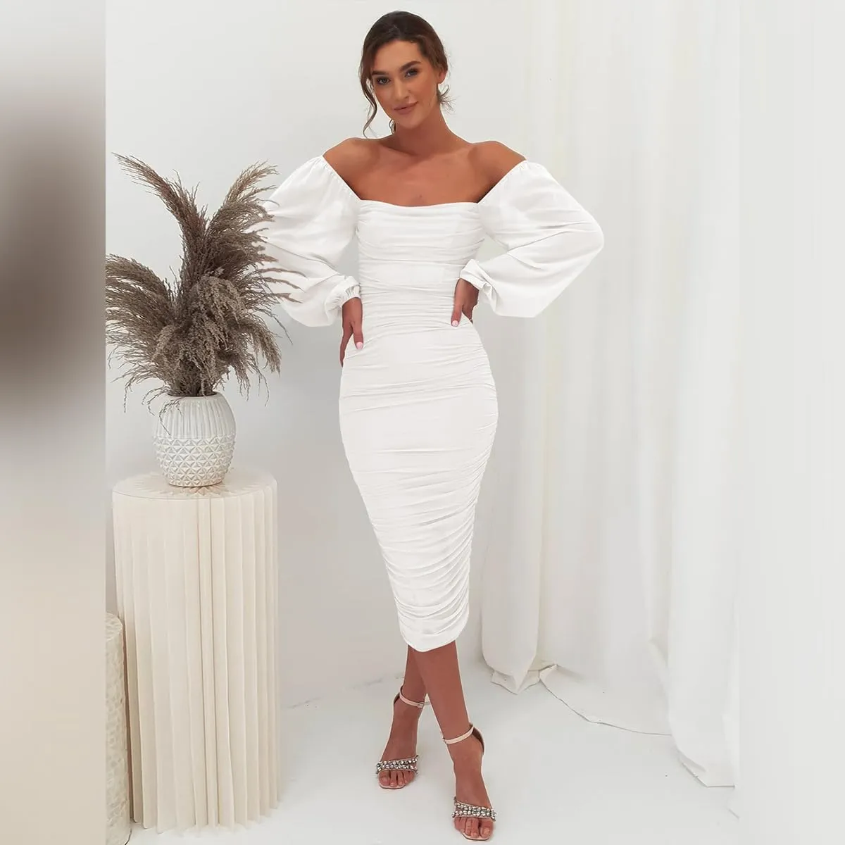 ODIZLI Women's Ruched Bodycon Dress Long Puff Sleeve Square Neck Mesh Cocktail Party Midi Dresses