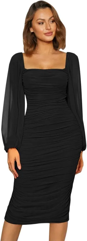 ODIZLI Women's Ruched Bodycon Dress Long Puff Sleeve Square Neck Mesh Cocktail Party Midi Dresses