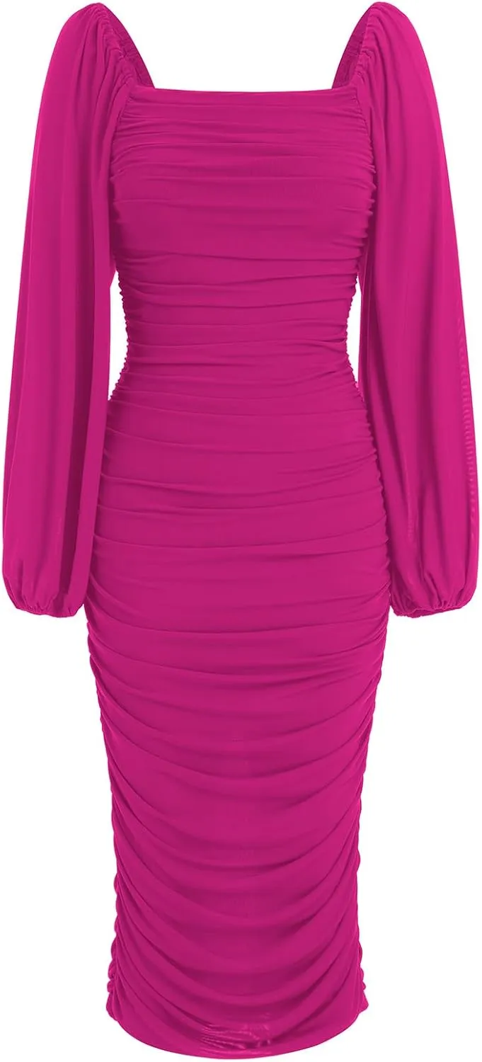 ODIZLI Women's Ruched Bodycon Dress Long Puff Sleeve Square Neck Mesh Cocktail Party Midi Dresses
